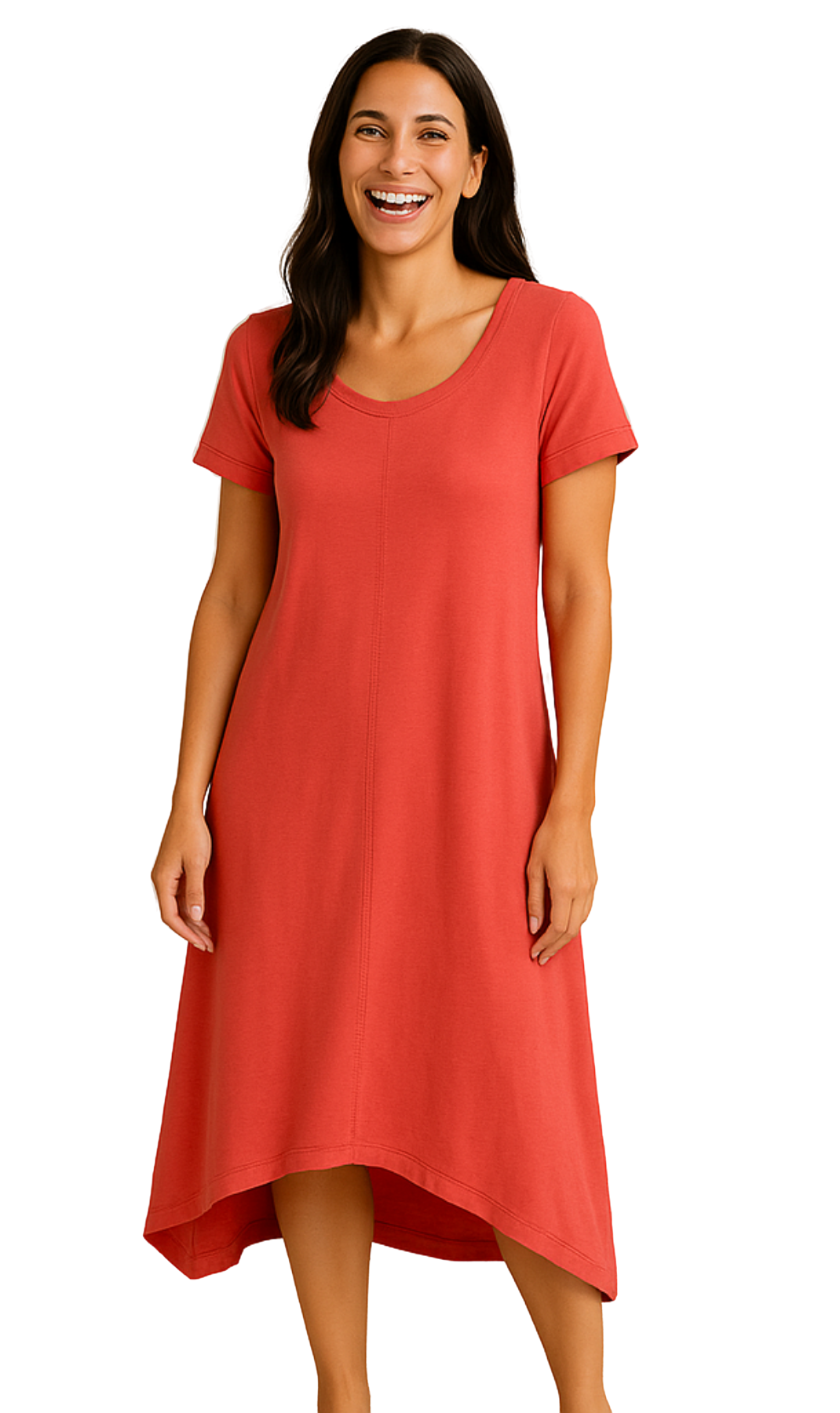 Women's Knit Wide Scoop Neck Short Sleeve Dress in A-line Aymmetrical Hem