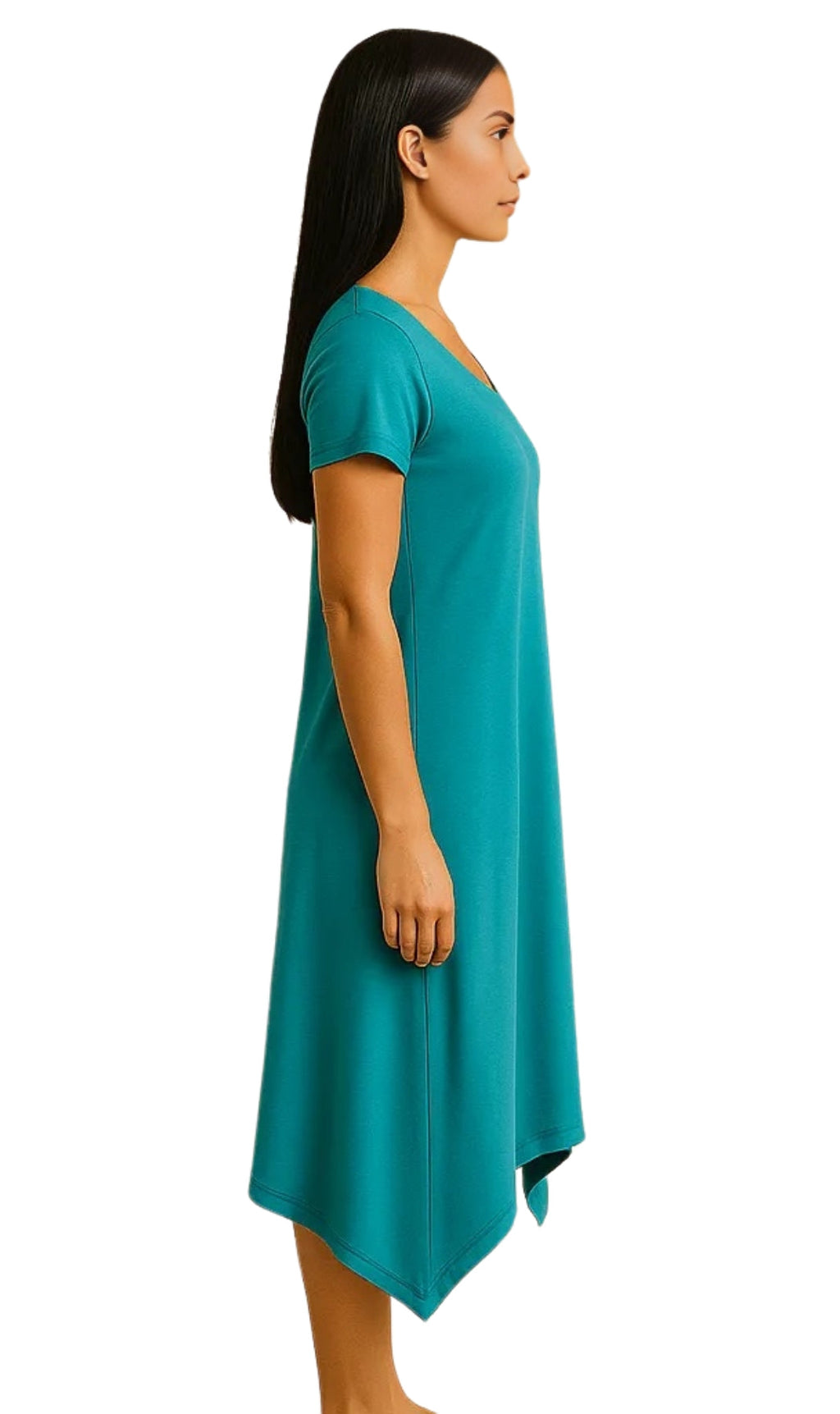 Women's Knit Wide Scoop Neck Short Sleeve Dress in A-line Aymmetrical Hem