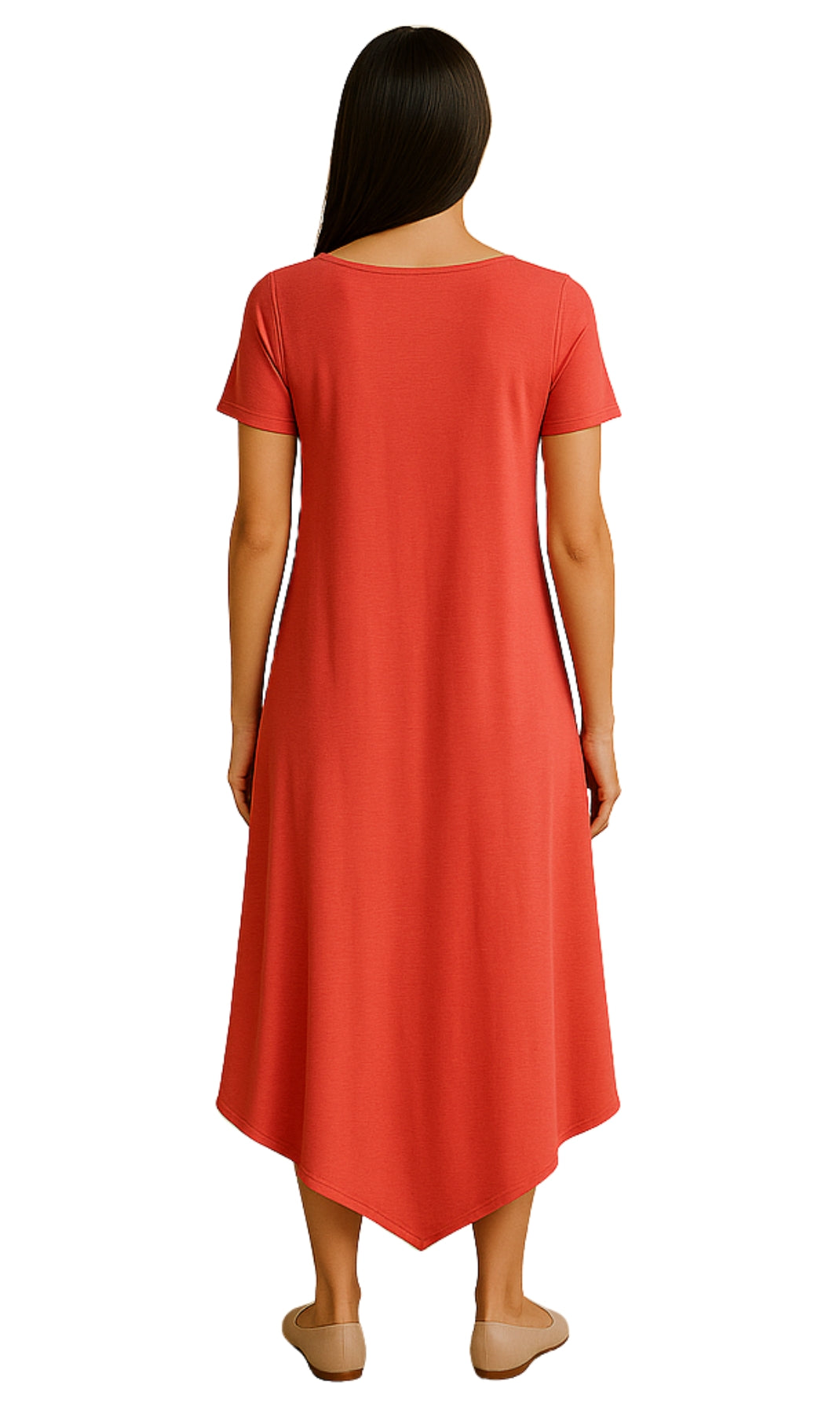 Women's Knit Wide Scoop Neck Short Sleeve Dress in A-line Aymmetrical Hem