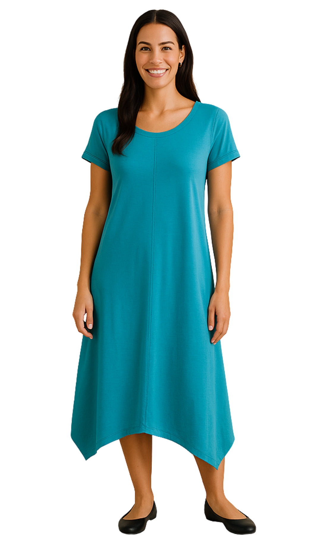 Women's Knit Wide Scoop Neck Short Sleeve Dress in A-line Aymmetrical Hem