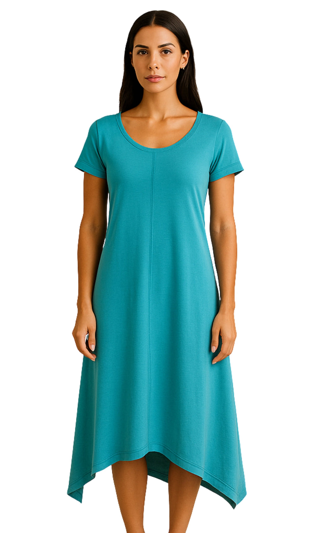 Women's Knit Wide Scoop Neck Short Sleeve Dress in A-line Aymmetrical Hem
