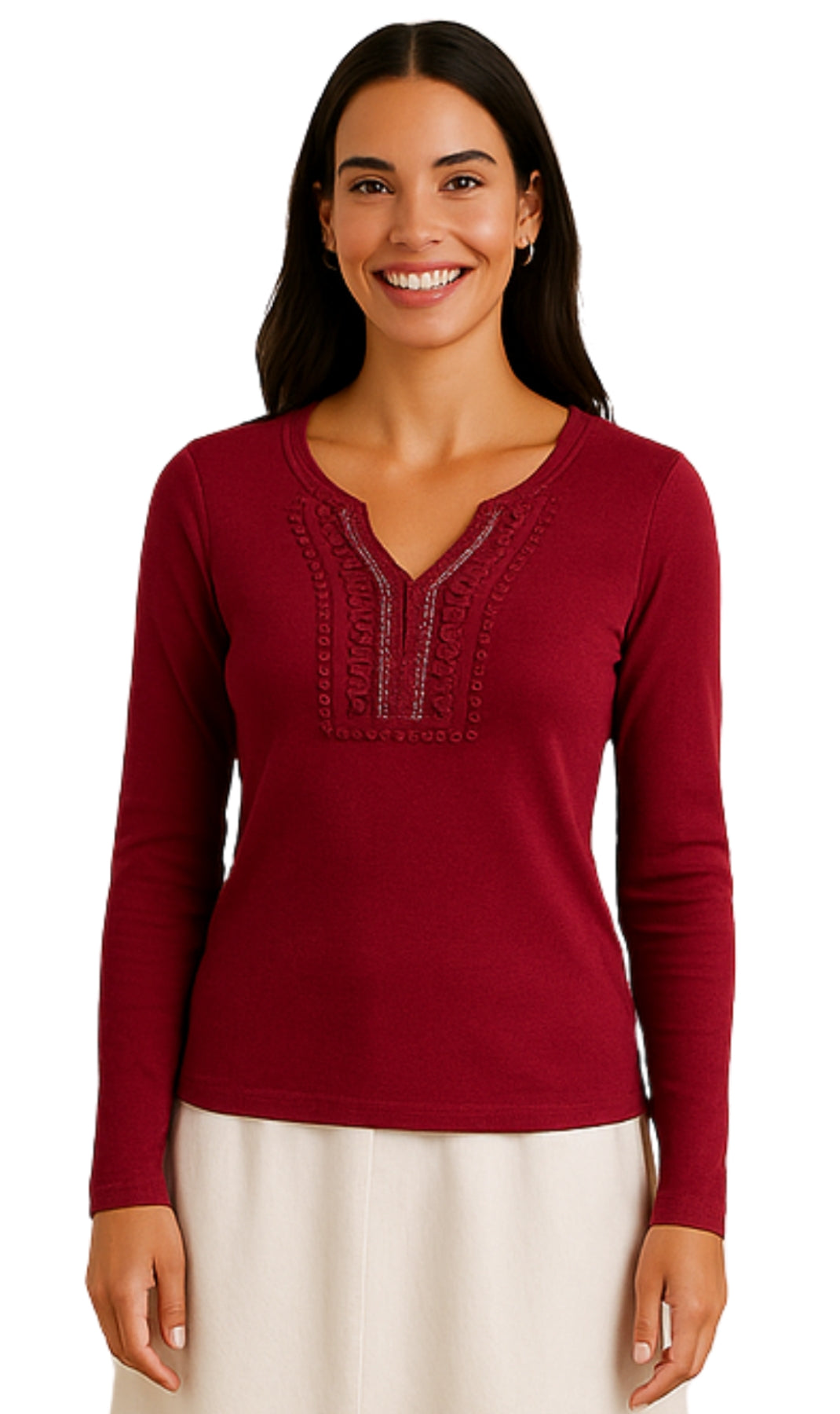Women's Open Crochet And Jewel Trim V-Neck Knit Top in Cotton Rib Knit