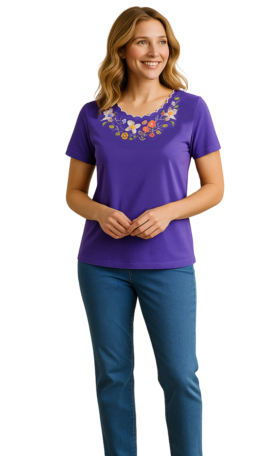 Women's Scalloped Neckline Embellished Tee