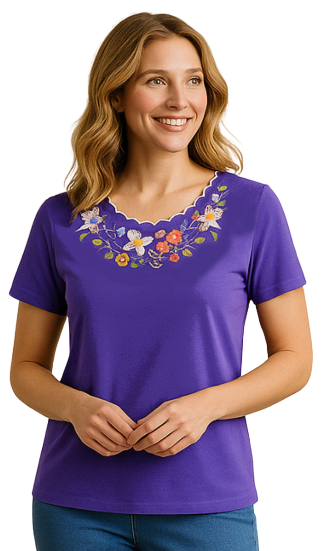 Women's Scalloped Neckline Embellished Tee