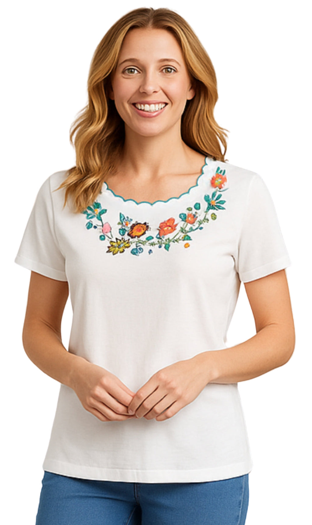 Women's Scalloped Neckline Embellished Tee