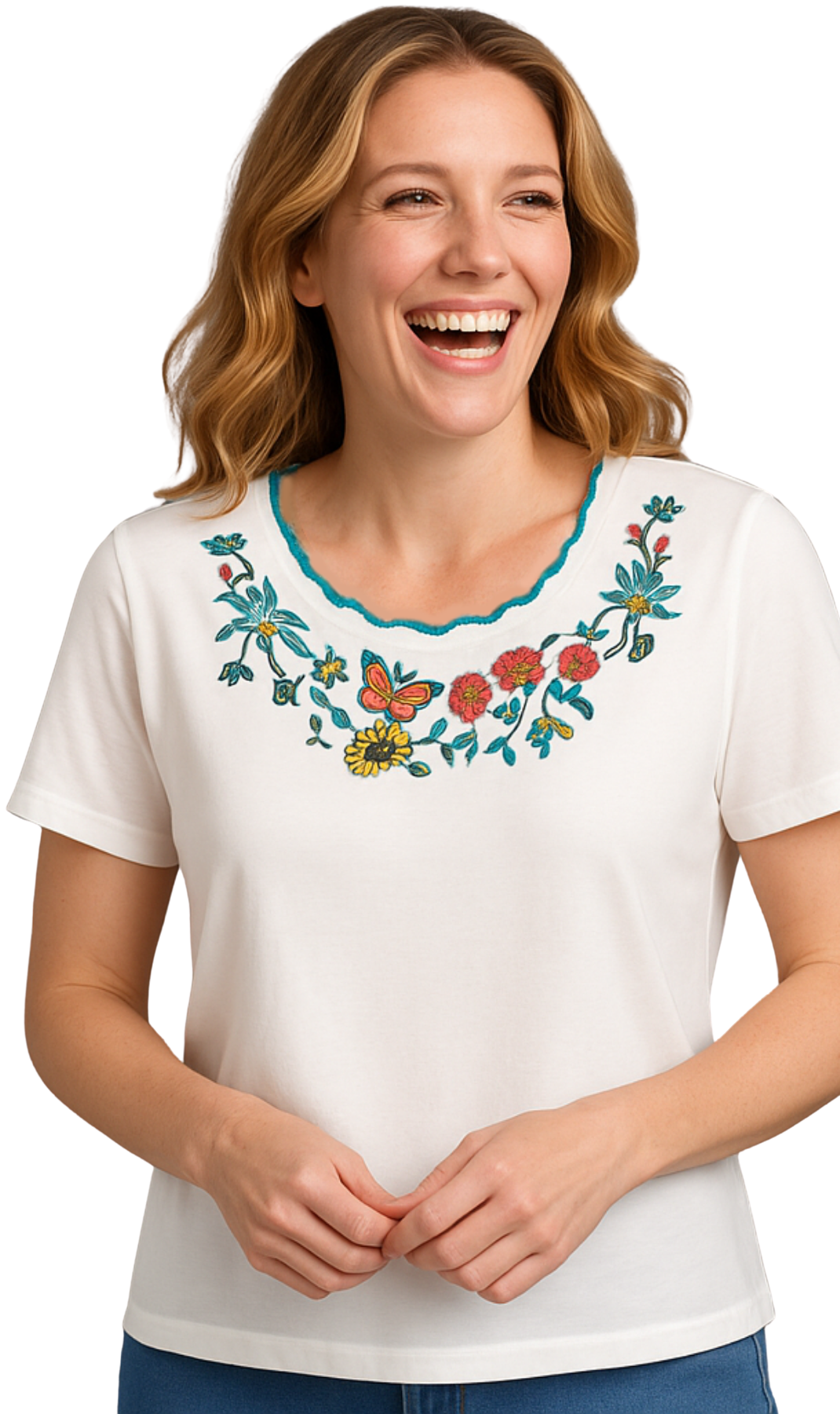 Women's Scalloped Neckline Embellished Tee