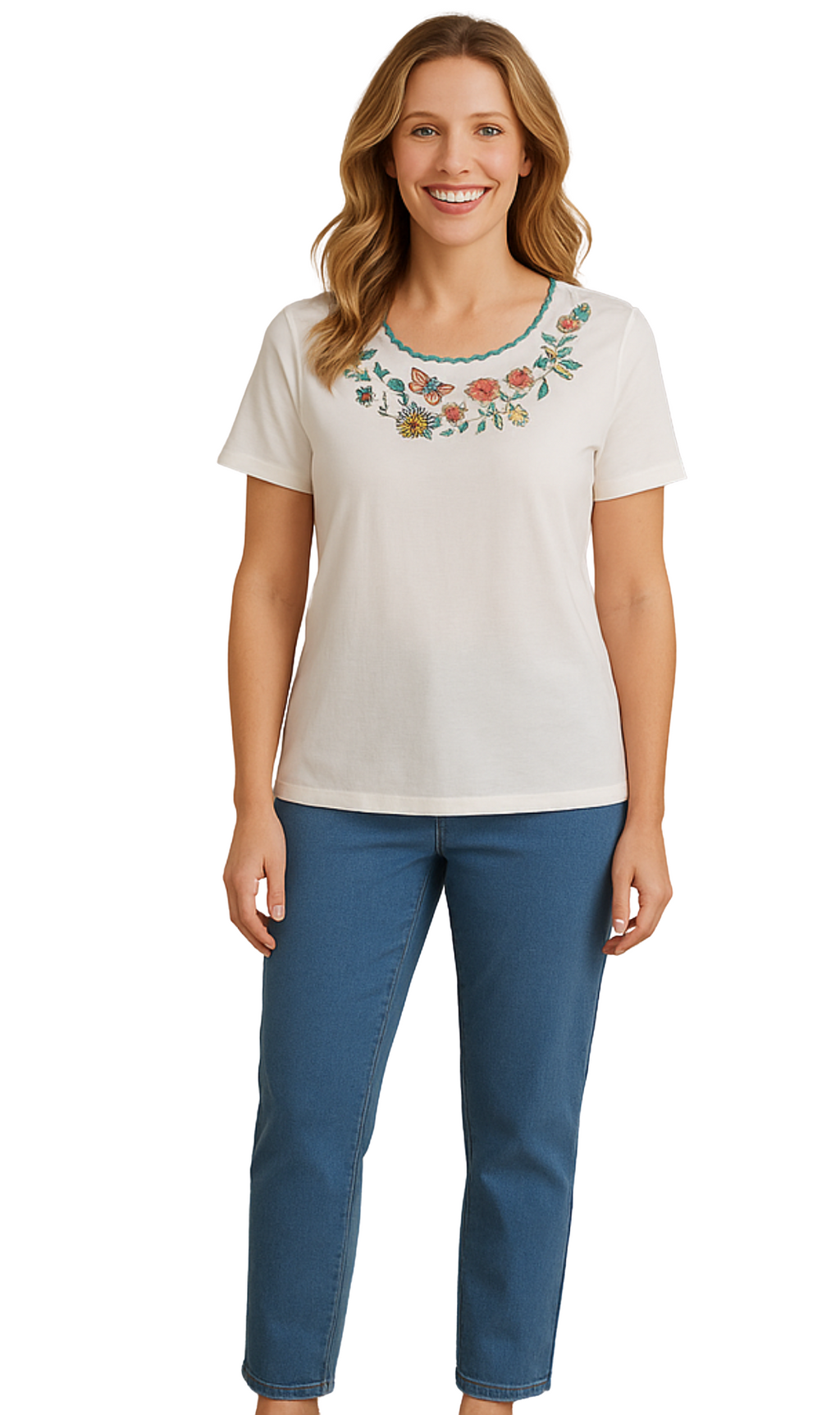 Women's Scalloped Neckline Embellished Tee