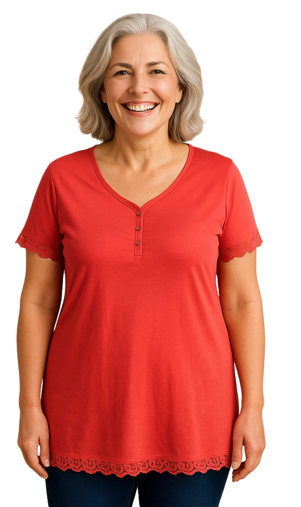 Women's V-neck Short Sleeve Tshirt with A Three Button Placket