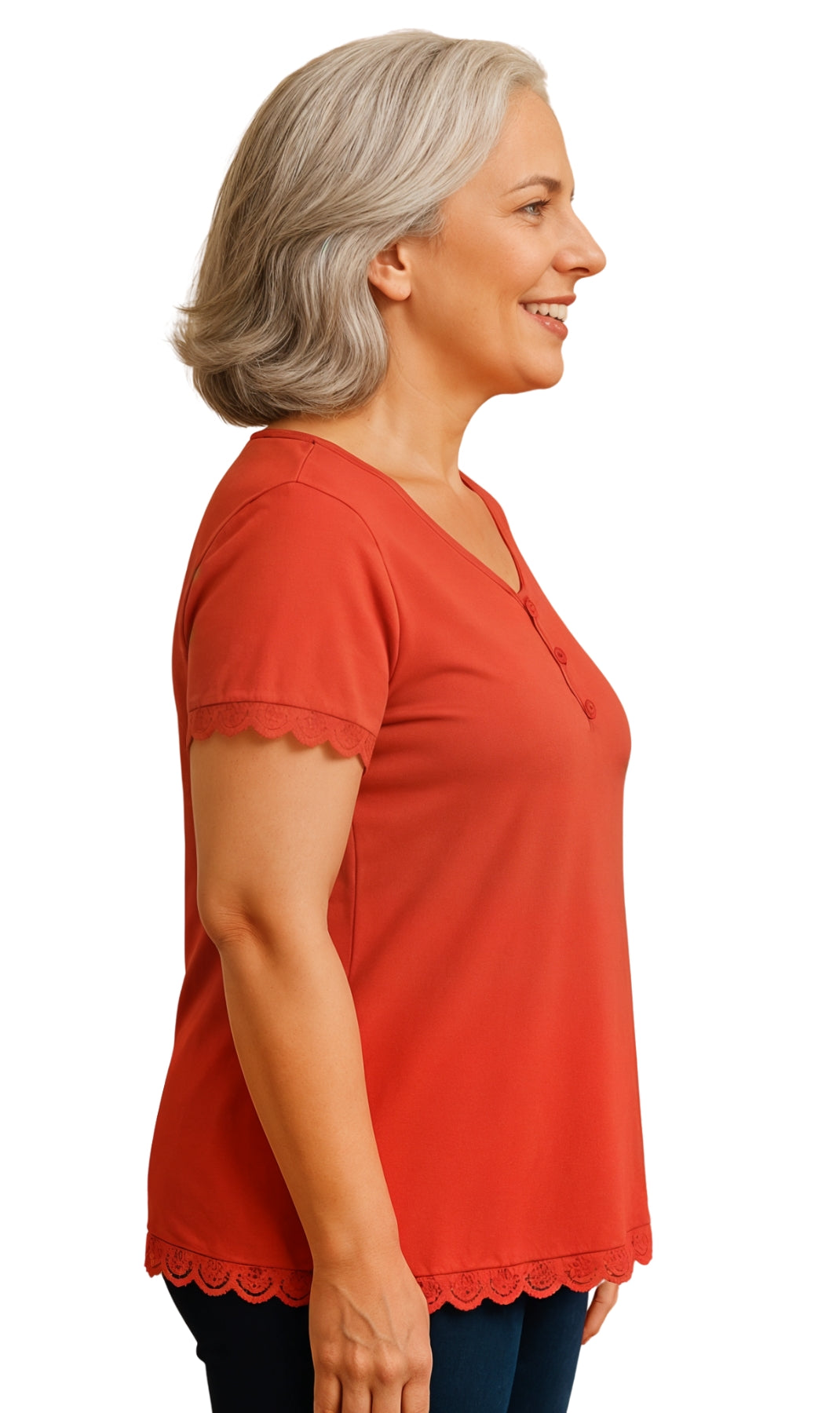 Women's V-neck Short Sleeve Tshirt with A Three Button Placket