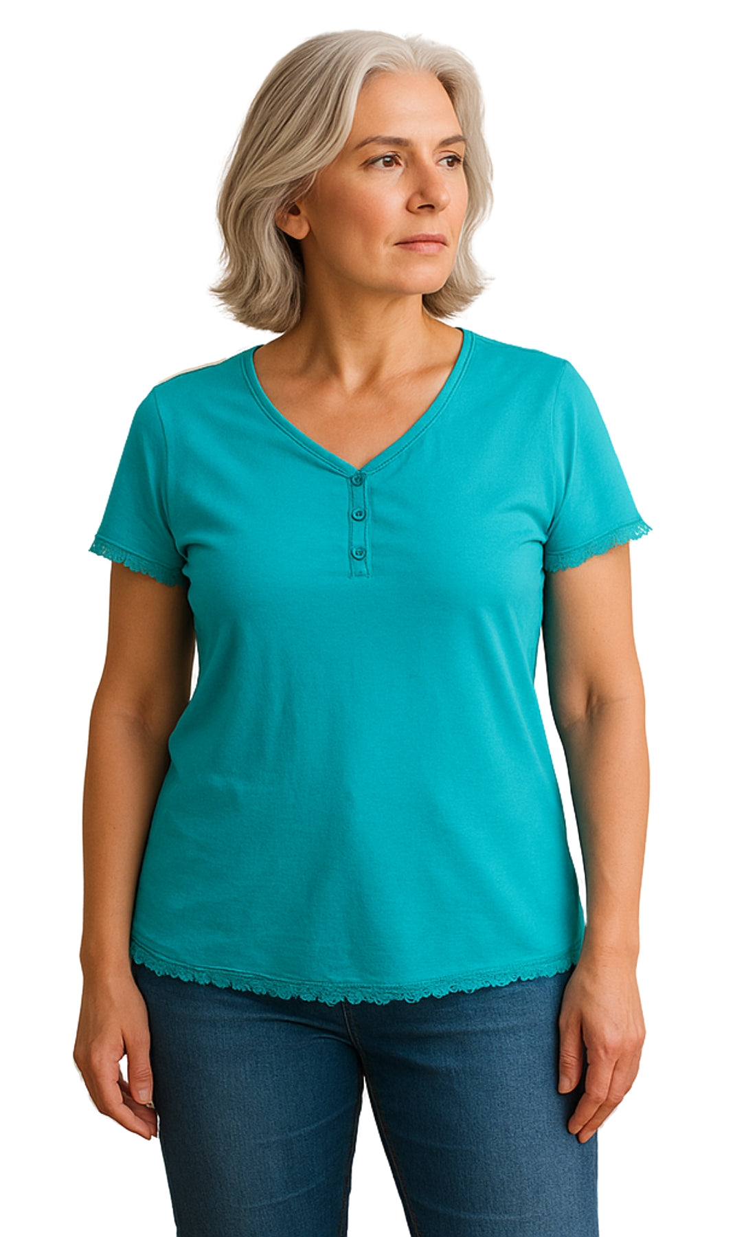 Women's V-neck Short Sleeve Tshirt with A Three Button Placket