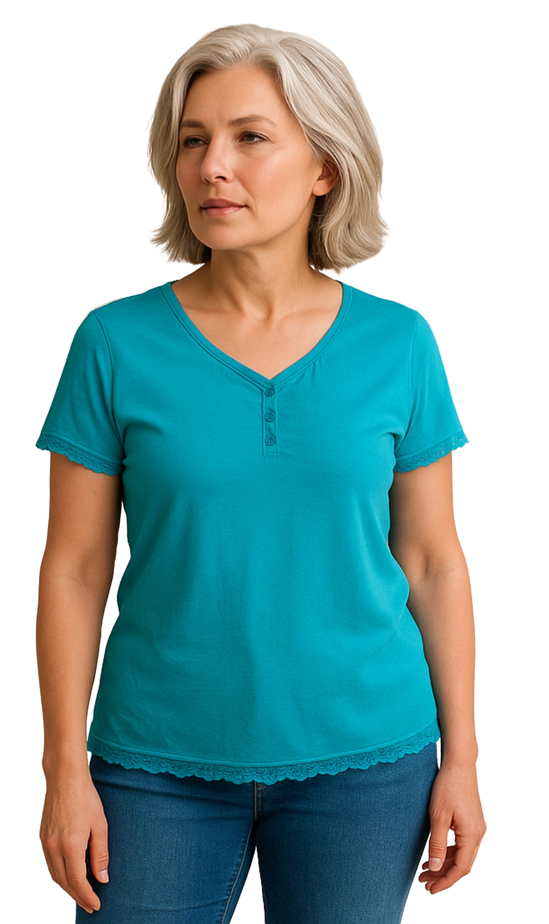Women's V-neck Short Sleeve Tshirt with A Three Button Placket