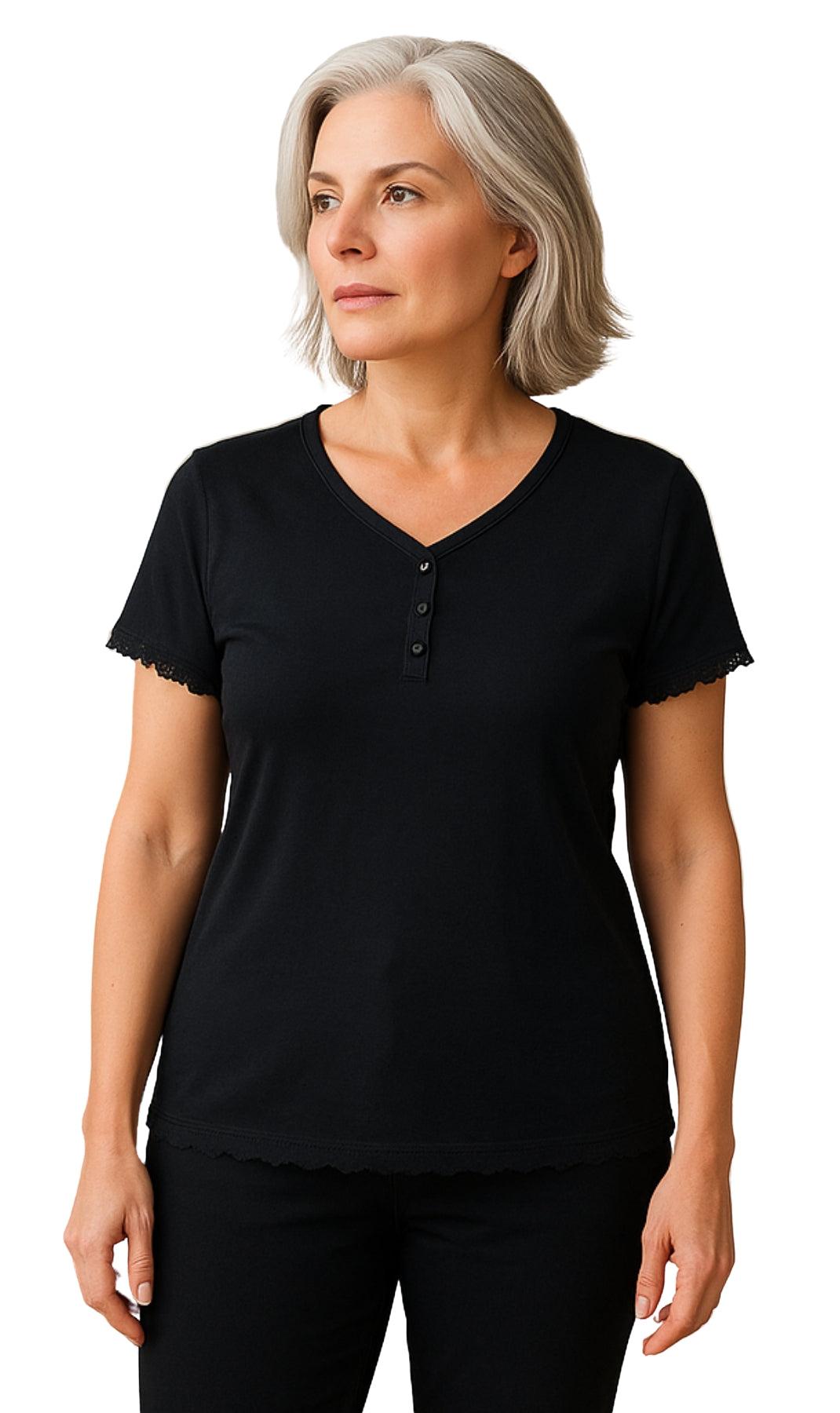 Women's V-neck Short Sleeve Tshirt with A Three Button Placket