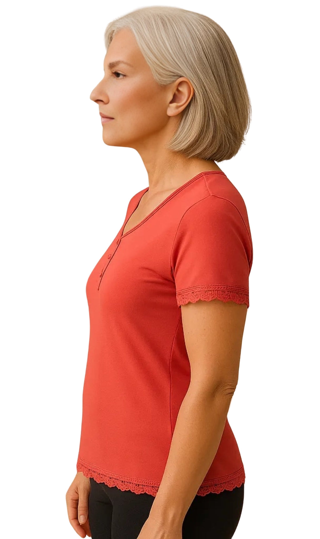 Women's V-neck Short Sleeve Tshirt with A Three Button Placket