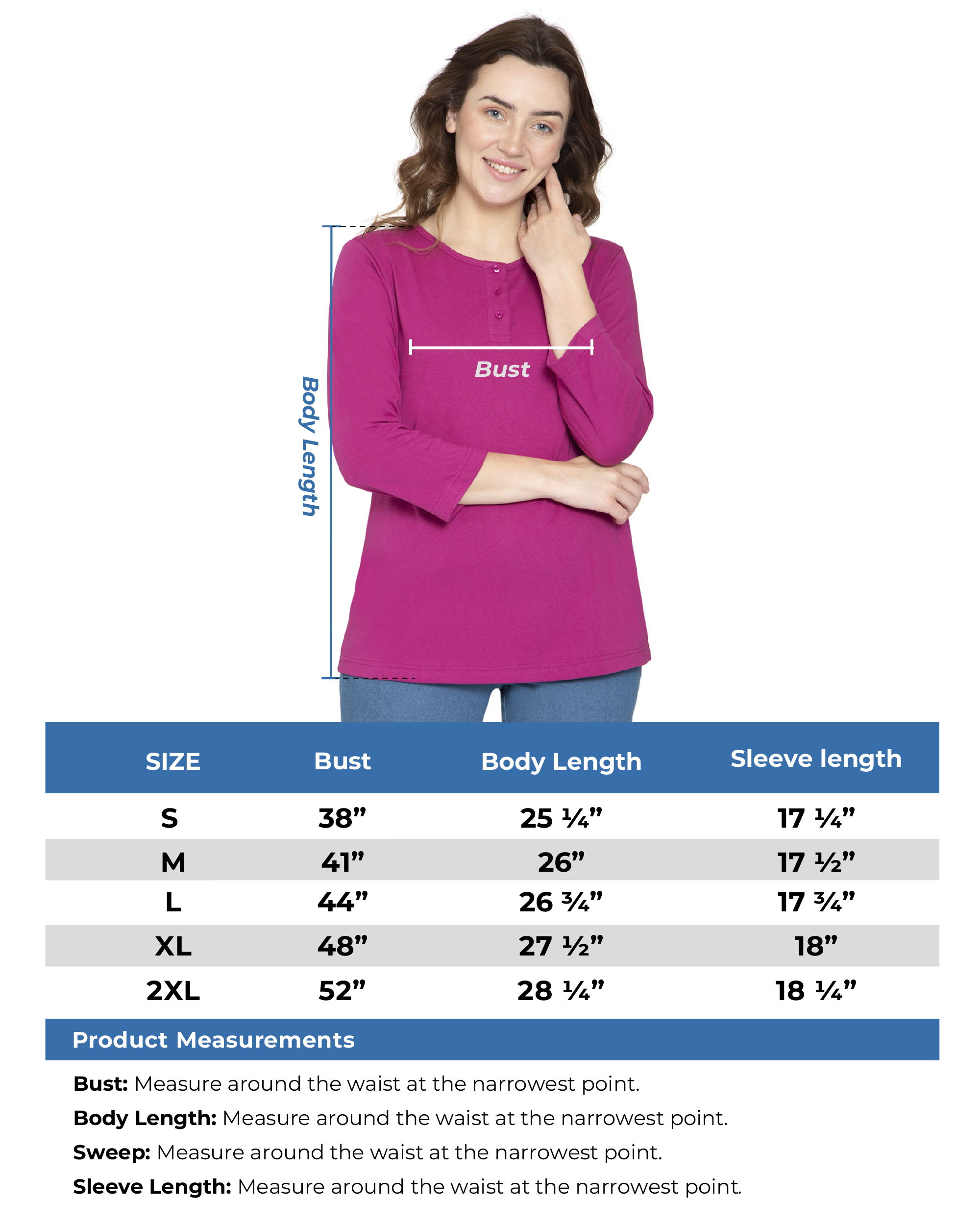 Women's 3/4 sleeves Henley in Cotton Blend with Button Placket