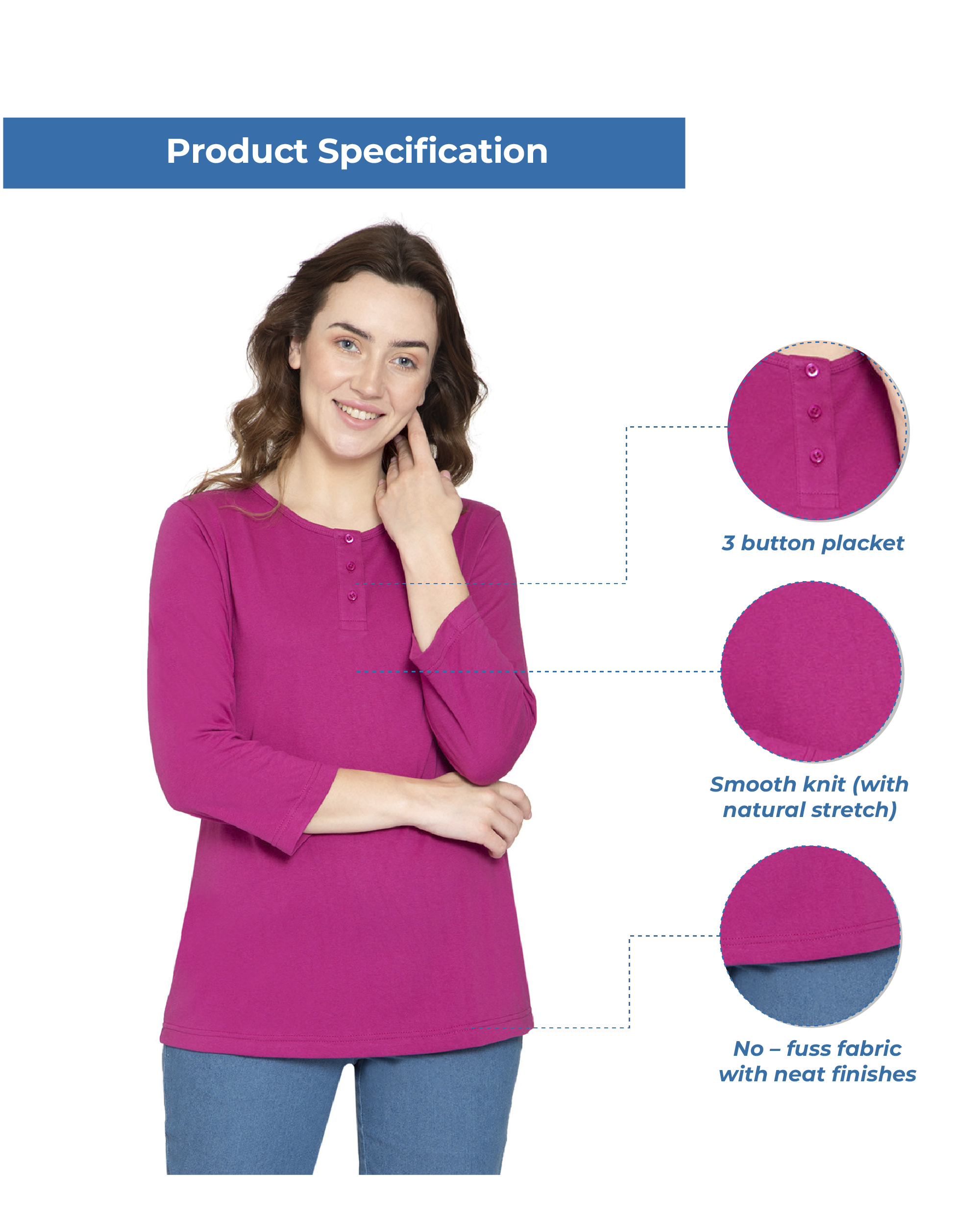 Women's 3/4 sleeves Henley in Cotton Blend with Button Placket