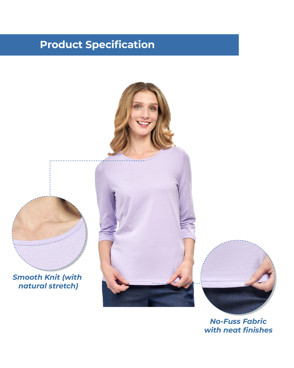 Women's Classic Comfort Fit 3/4 Sleeve length Crew Neck Jersey knit T-Shirt